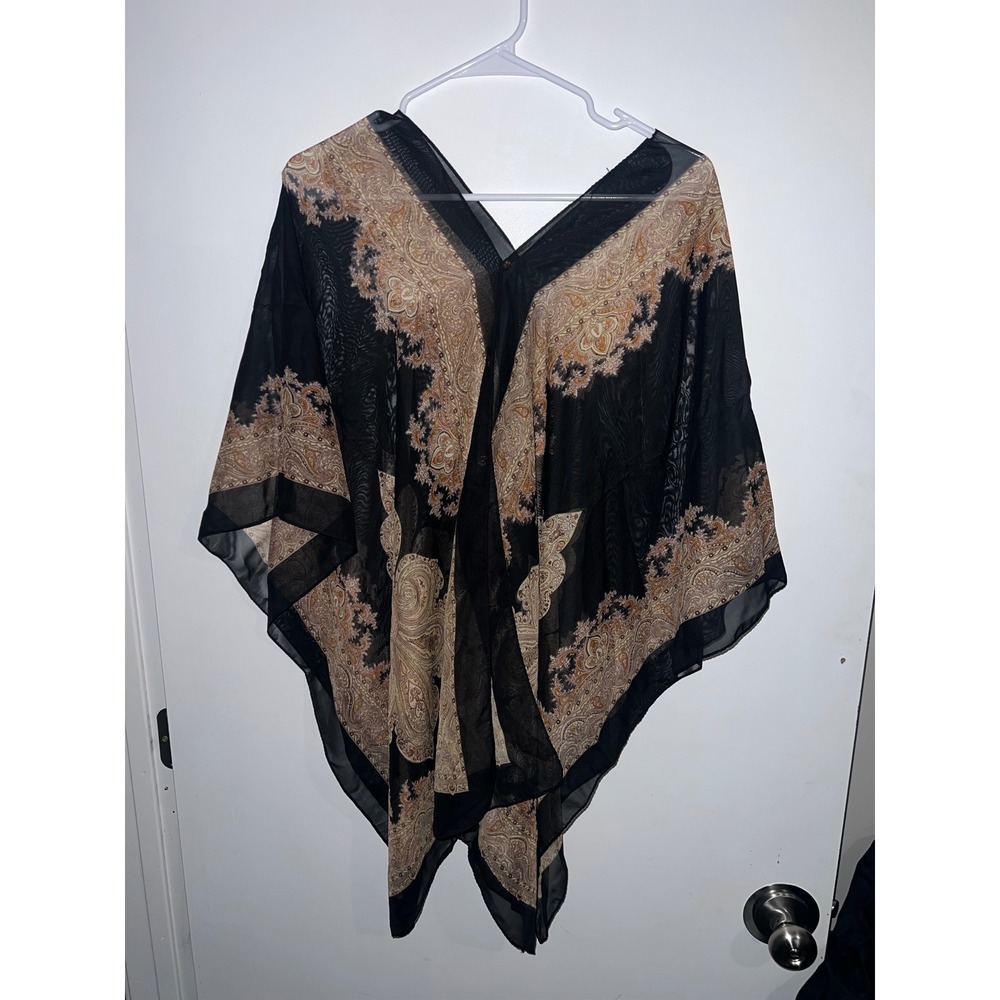 Womens Sheer Paisley Poncho Wrap Black Tan One Size OS Chiffon Cover Up